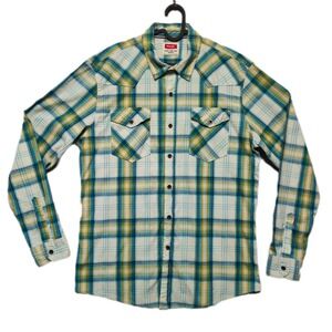 Wrangler Western Pearl Snap Shirt Mens Large Blue Yellow Plaid Long Sleeve Rodeo